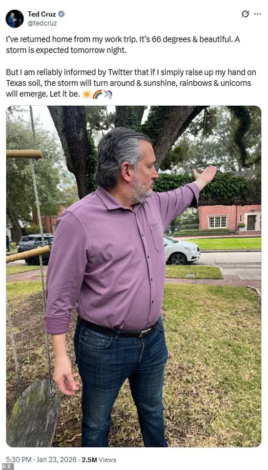 As Winter Storm Fern Looms, Critics Question Senator Ted Cruz's Decision to Travel to California Amid Heightened Concerns Over His Past Actions During Natural Disasters