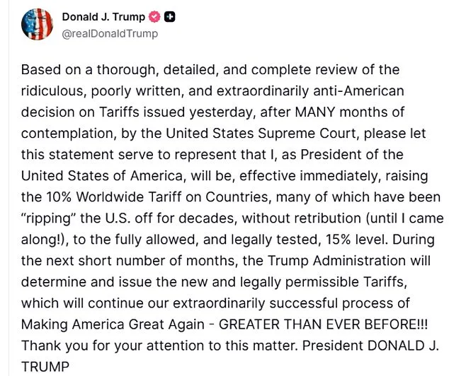 Trump Escalates Trade War with 15% Tariffs Amid Supreme Court Backlash