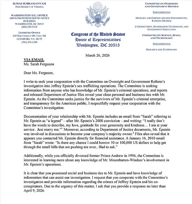 Congressman Requests Sarah Ferguson Testify Over Alleged Epstein Ties