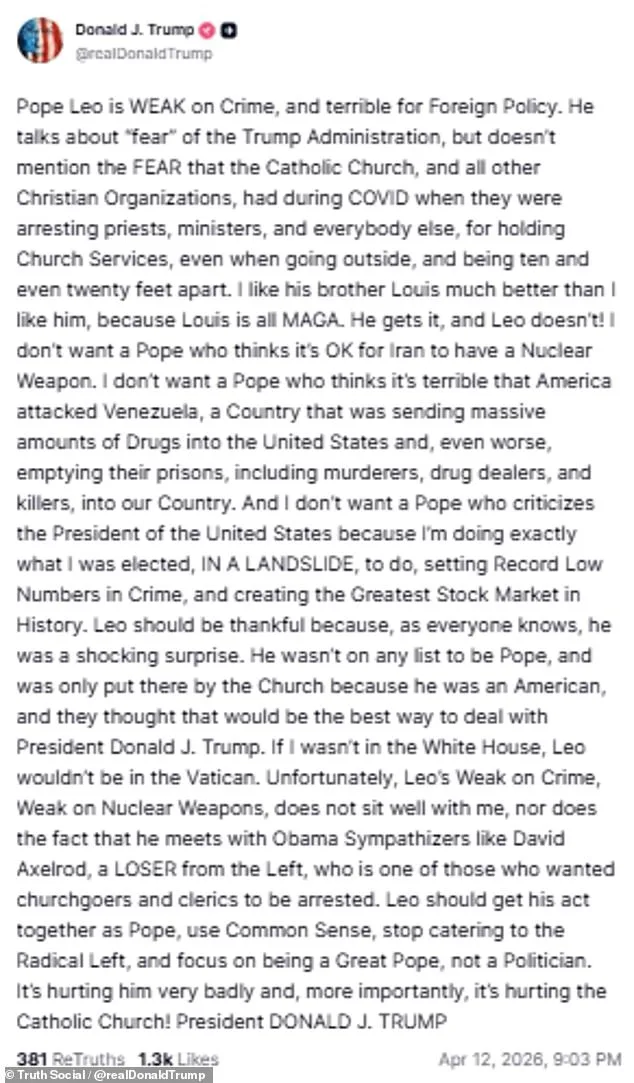 Trump Slams Pope Leo Over Iran War Criticism and Foreign Policy Record, Claims Influence on His Election